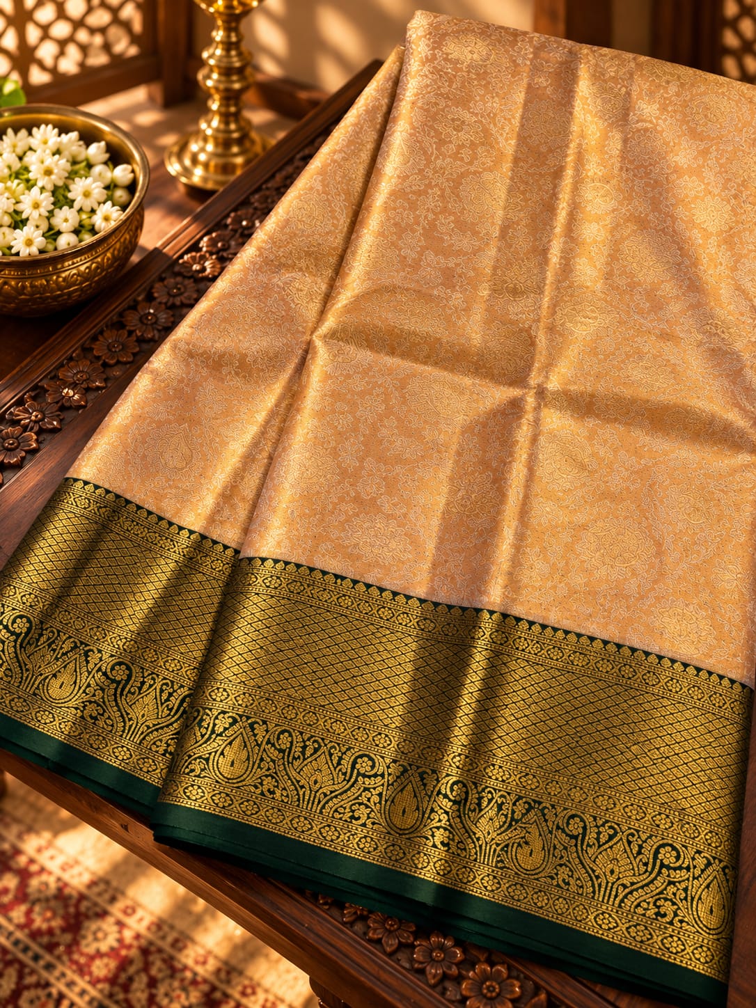 Champagne Gold Tissue Silk Saree with Contrast Emerald Green Zari Border