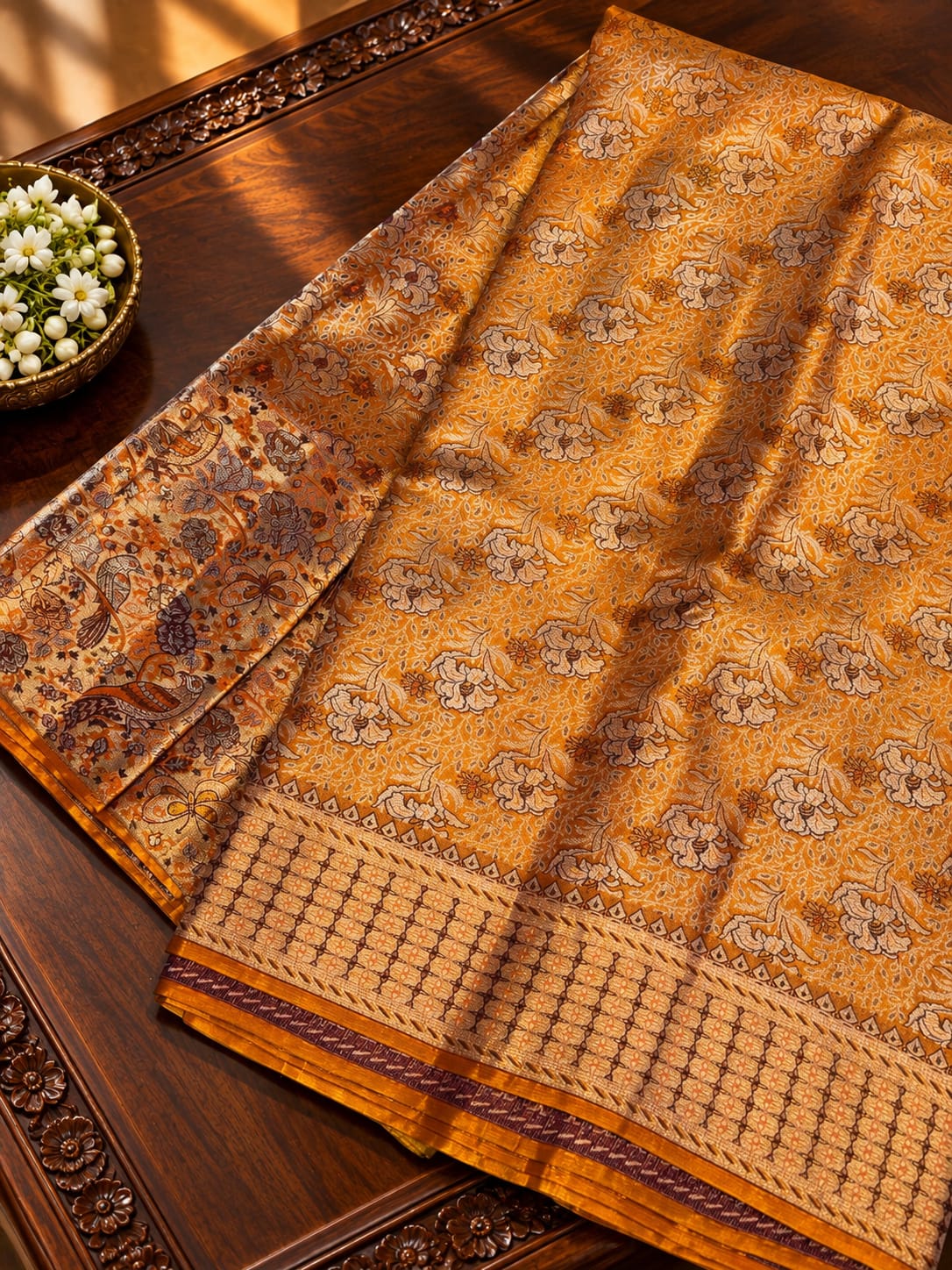 Amber Gold Tissue Silk Saree with All-Over Floral Jaal & Kalamkari-Style Peacock Accents
