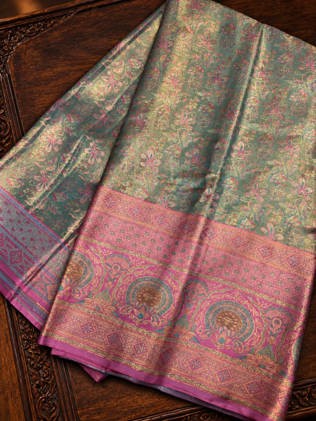 Sage Green Tissue Silk Saree with All-Over Floral Jaal & Pink Peacock Medallion Zari Border