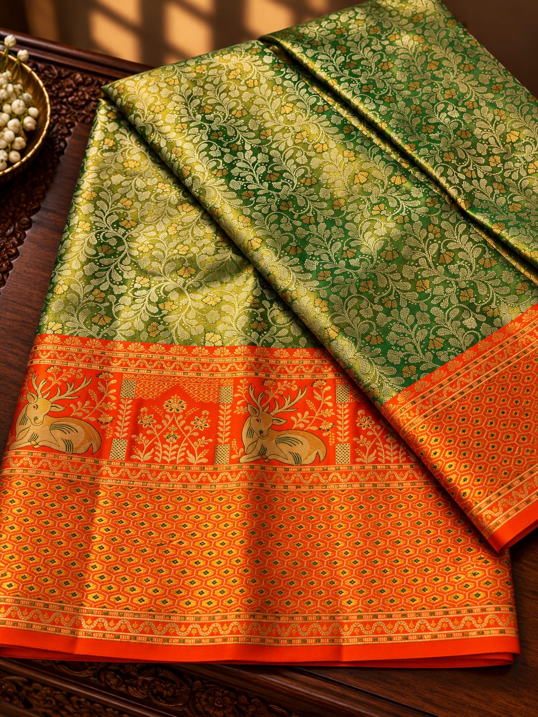Emerald Green Silk Saree with Contrast Tangerine Orange Deer Motif & Lattice Zari Border