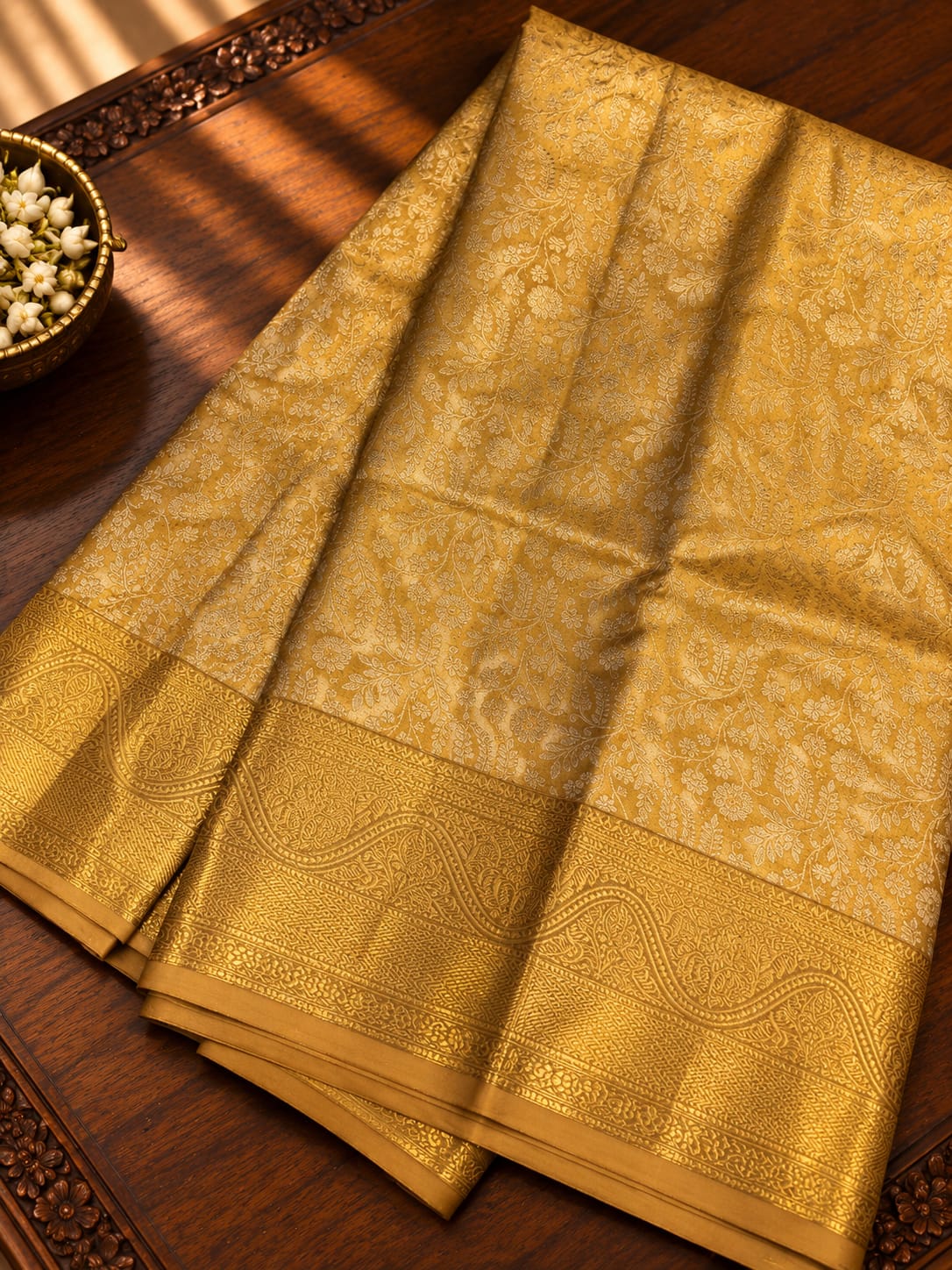 Antique Gold Tissue Silk Saree with All-Over Floral Jaal & Serpentine Wave Zari Border