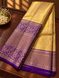 Golden Yellow Tissue Silk Saree with Fine Floral Jaal & Contrast Royal Purple Zari Border