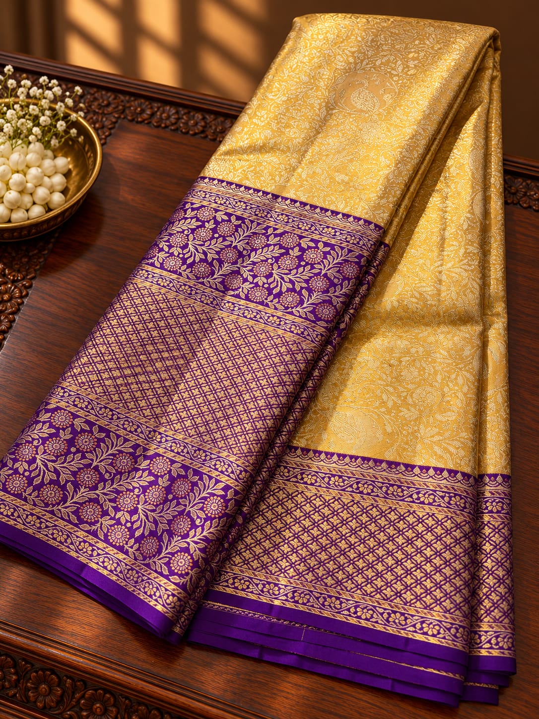 Golden Yellow Tissue Silk Saree with Fine Floral Jaal & Contrast Royal Purple Zari Border