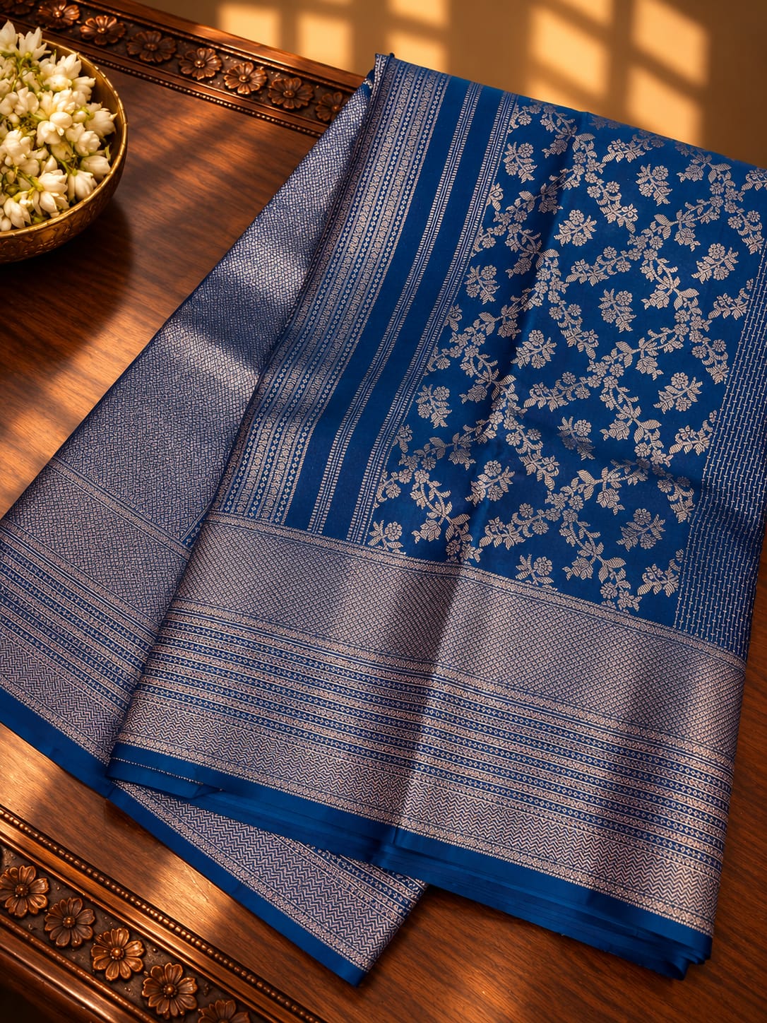 Royal Blue Silk Saree with Silver Zari Floral Jaal & Diamond Lattice Border