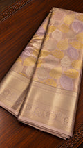 Dusty Rose Tissue Silk Saree with Pastel Foliage Motifs & Diamond Lattice Zari Border