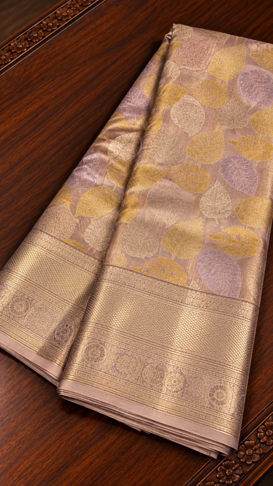 Dusty Rose Tissue Silk Saree with Pastel Foliage Motifs & Diamond Lattice Zari Border