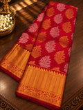 Classic Crimson Red Silk Saree with Dual-Tone Floral Tree Motifs & Temple Zari Border