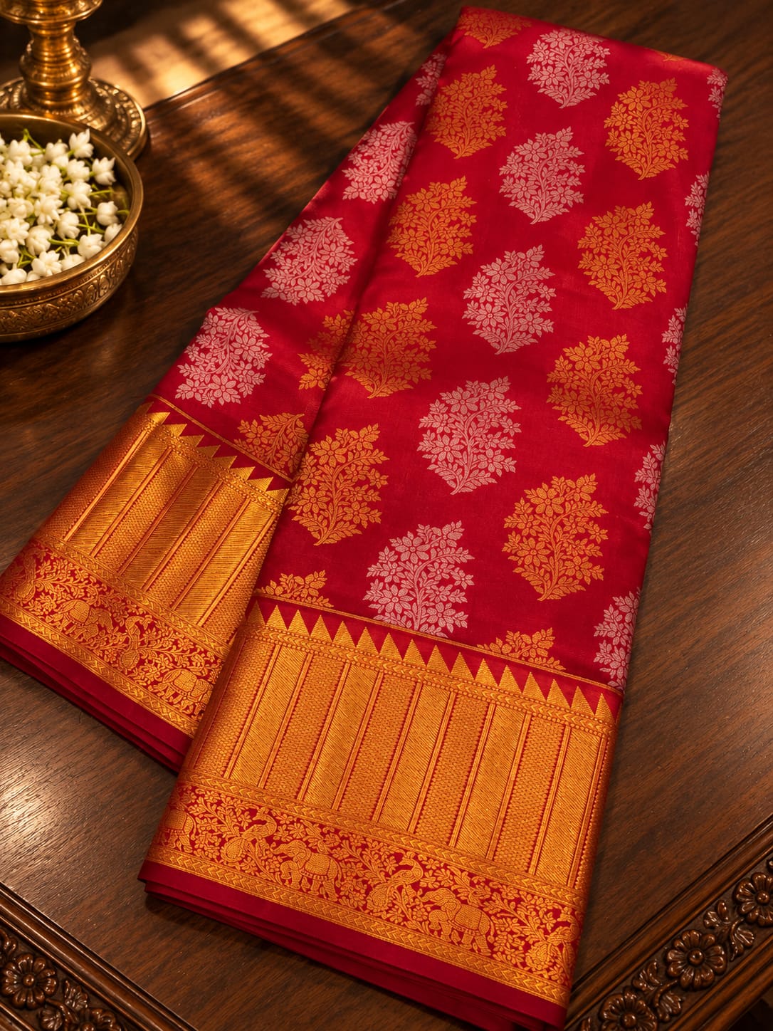 Classic Crimson Red Silk Saree with Dual-Tone Floral Tree Motifs & Temple Zari Border