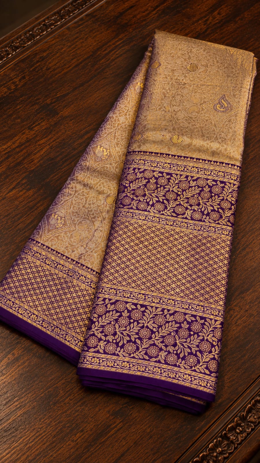 Antique Champagne Gold Tissue Silk Saree with Paisley Motifs & Contrast Royal Purple Zari Border