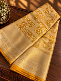 Golden Mustard Silk Saree with Panelled Floral Jaal & Processional Elephant-Peacock Border