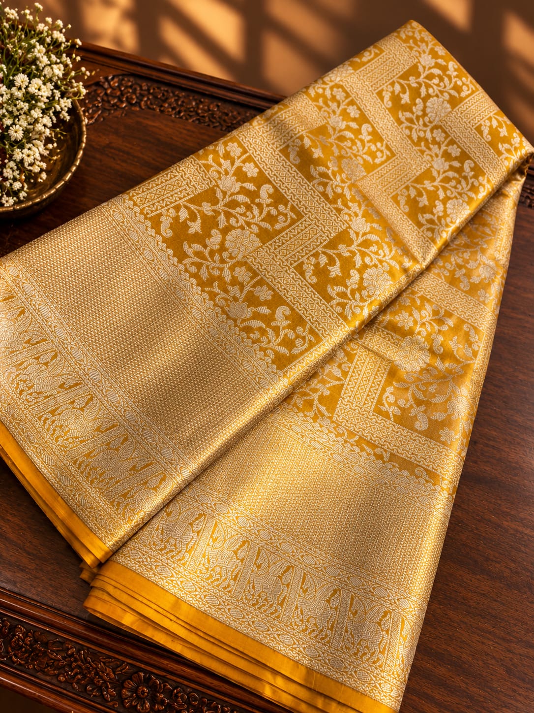 Golden Mustard Silk Saree with Panelled Floral Jaal & Processional Elephant-Peacock Border