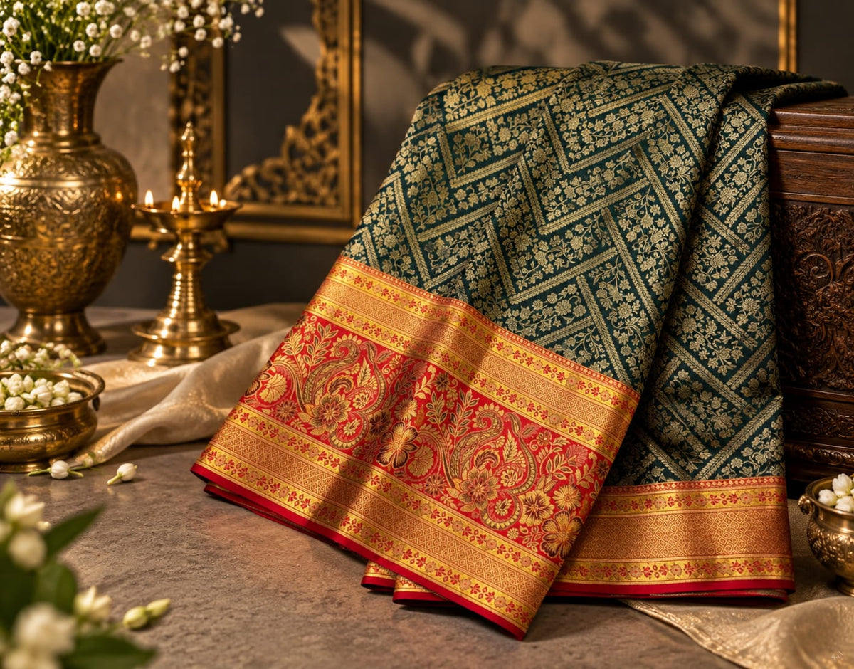 Royal Emerald Green Silk Saree with Contrast Red Zari Border
