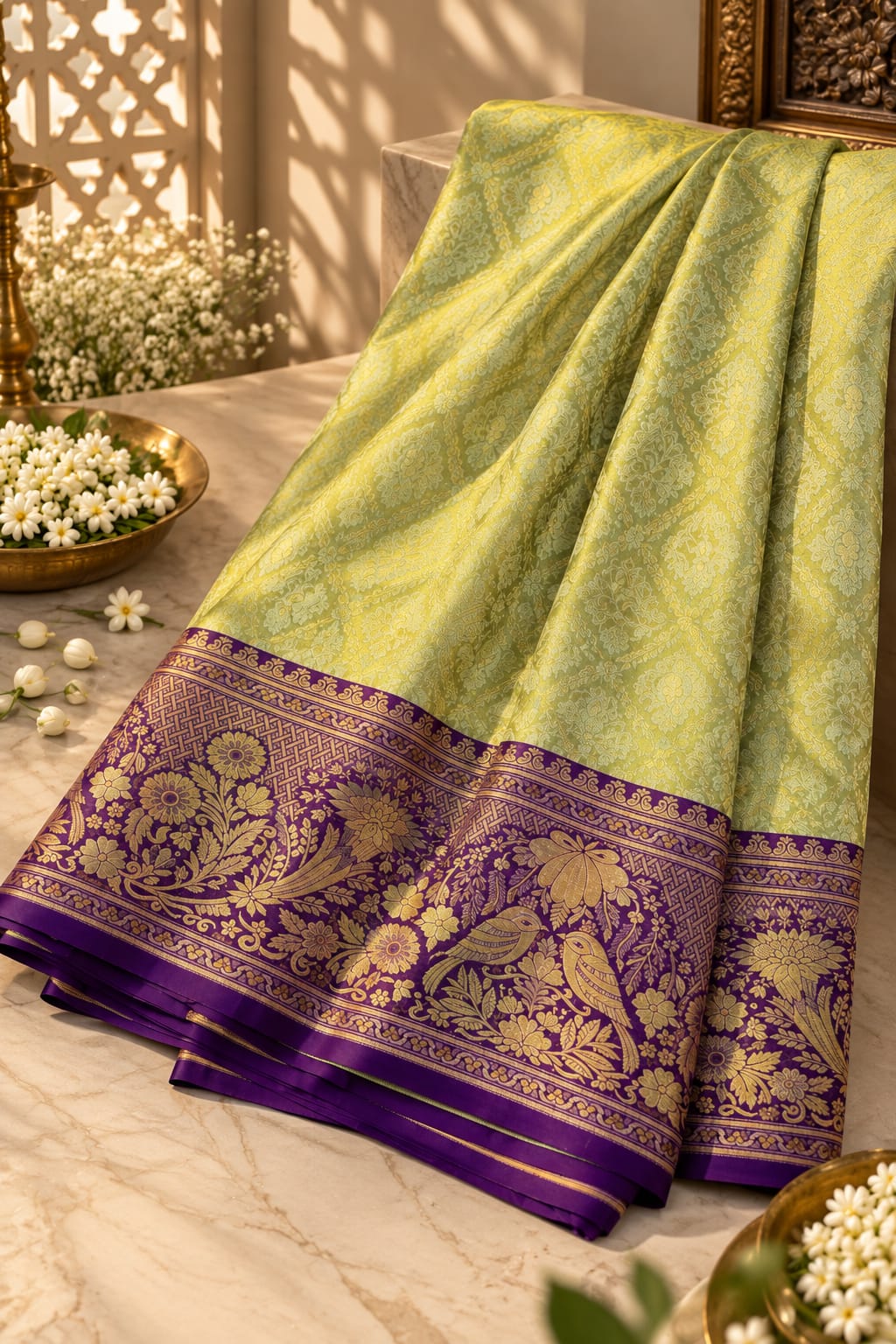 Pistachio Green Silk Saree with Contrast Purple Zari Border