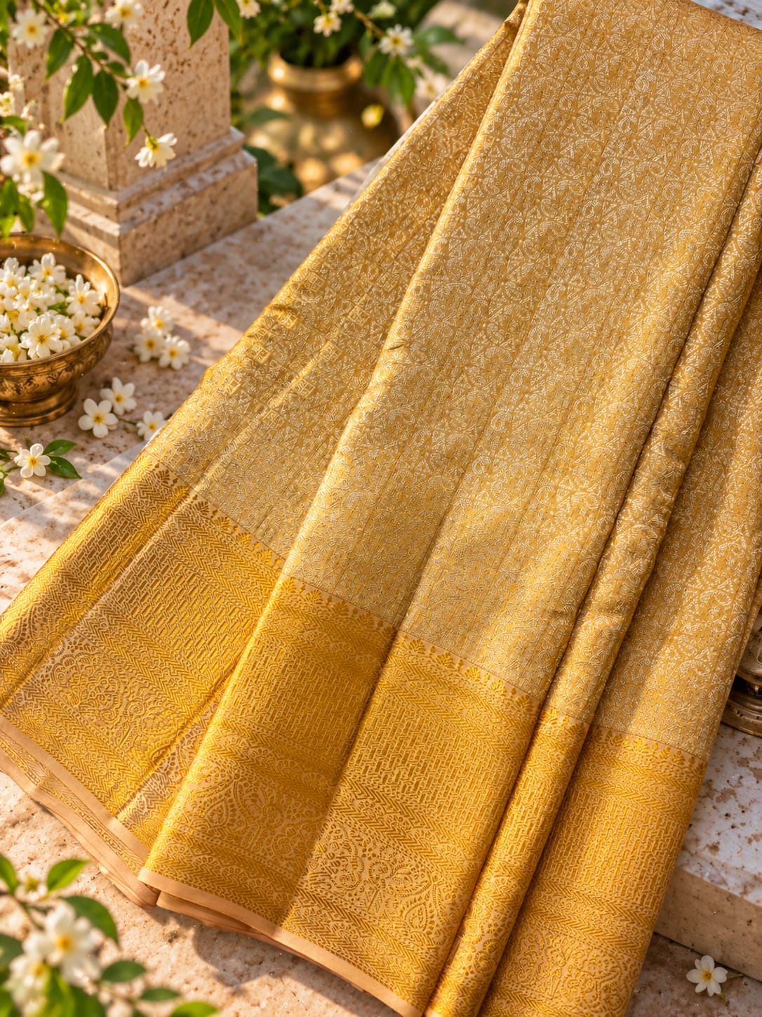 Opulent Mustard Gold Tissue Silk Traditional Saree with All-Over Intricate Zari Brocade & Grand Paisley Border