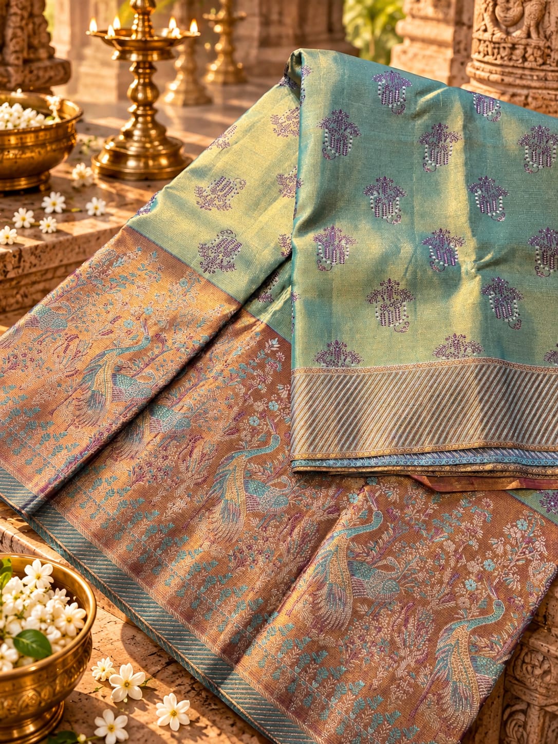 Regal Sea-Green Brocade Tissue Silk Traditional Saree with Peacock Motif & Copper-Bronze Pallu