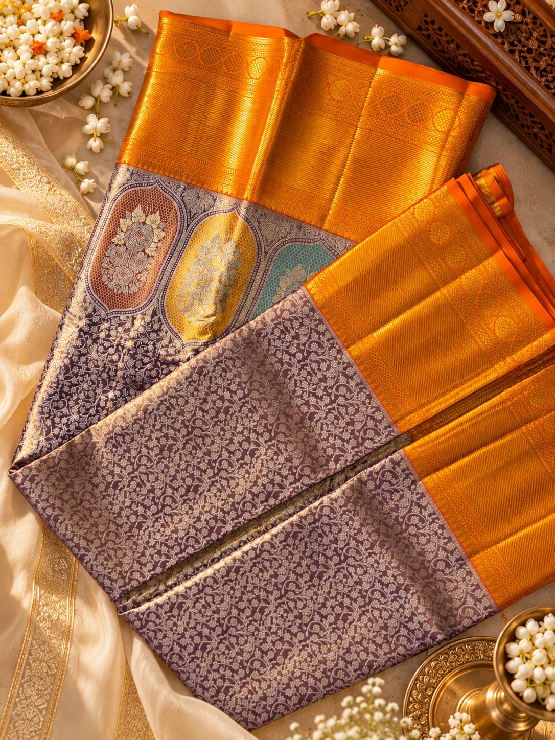 Regal Plum-Purple Brocade Tissue Silk Traditional Saree with Contrast Vibrant Orange Border & Meenakari Arches