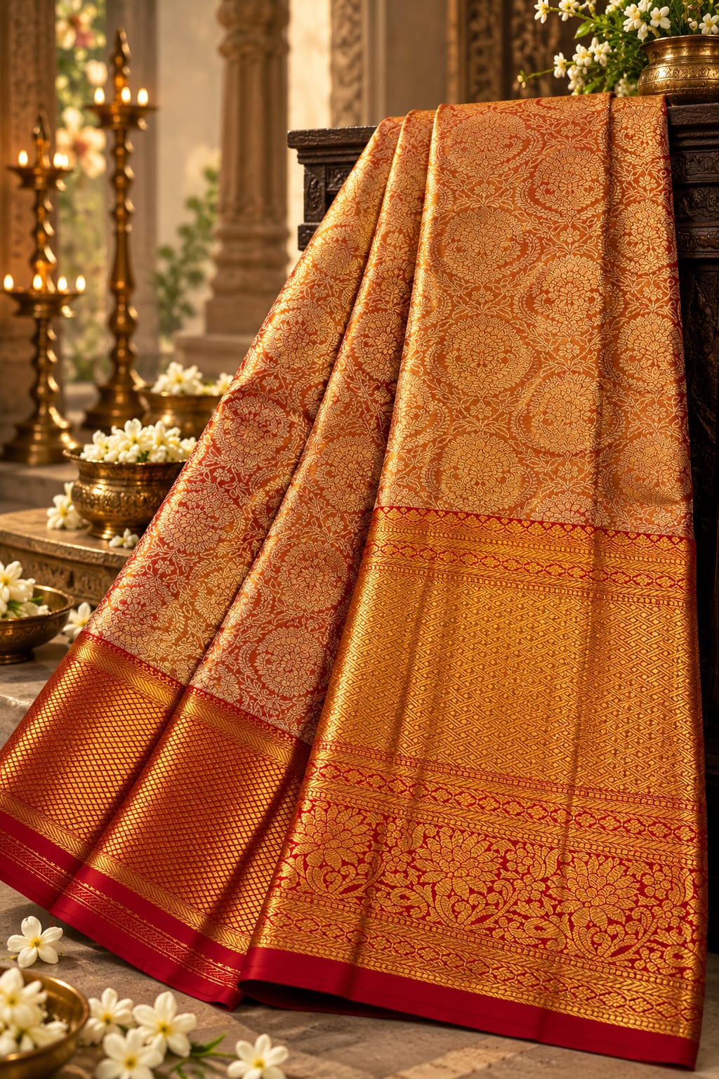 Burnt Orange Silk Saree with Circular Floral Medallion Jaal & Contrast Red Zari Border