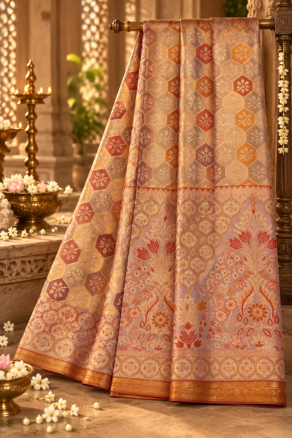 Multitoned Lavender and Gold Tissue Silk Saree with Geometric Hexagon Grid & Botanical Floral Border