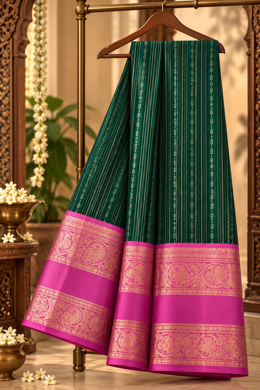 Dark Emerald Green Silk Saree with Vertical Striped Zari Lines & Contrast Fuchsia Pink Medallion Border