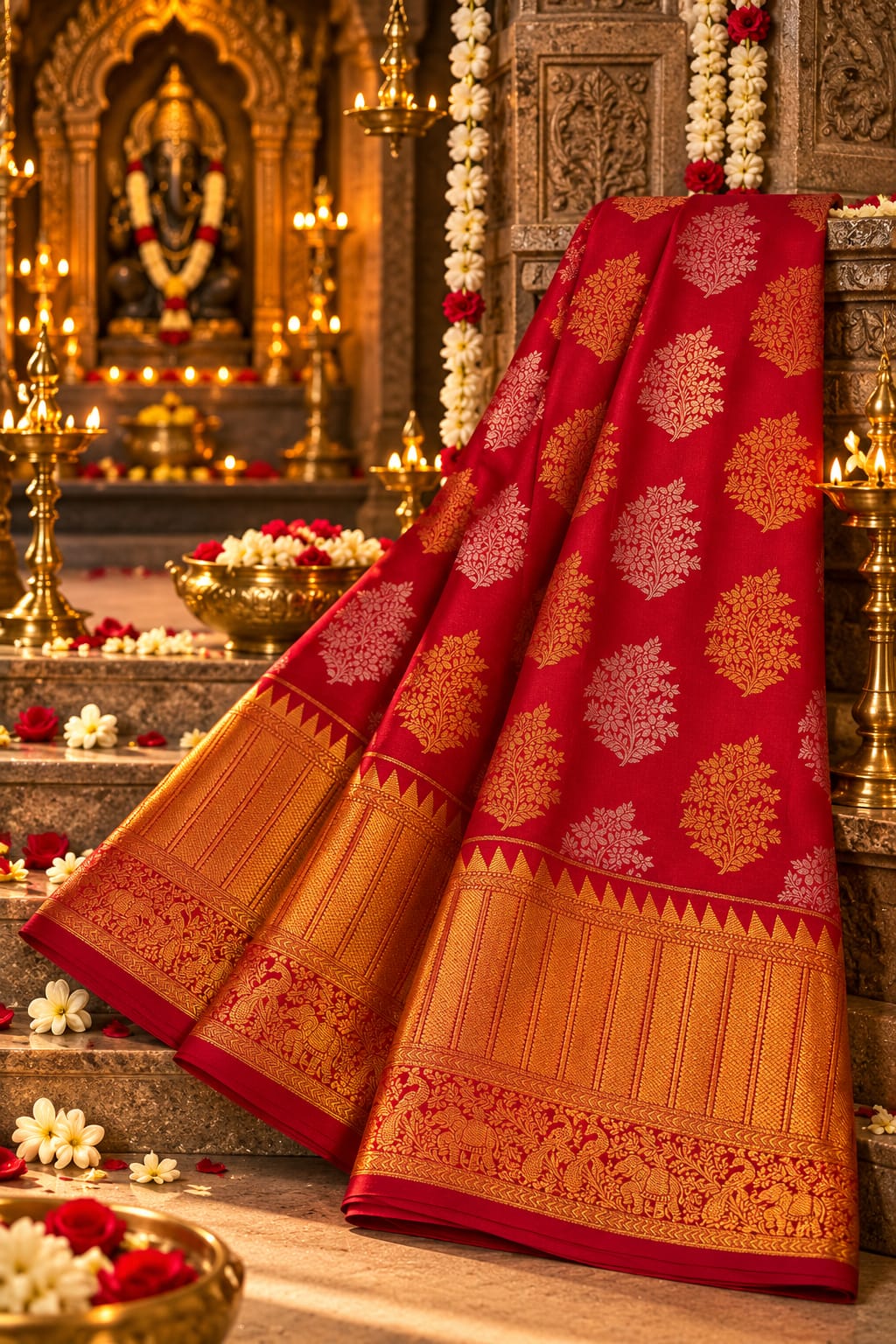 Classic Crimson Red Silk Saree with Dual-Tone Floral Tree Motifs & Temple Zari Border