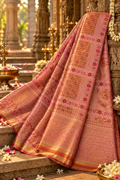 Coral Pink & Ochre Silk Saree with Geometric Grid Weave & Magenta Floral Accent Borders