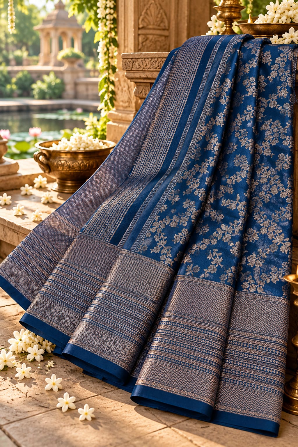 Royal Blue Silk Saree with Silver Zari Floral Jaal & Diamond Lattice Border
