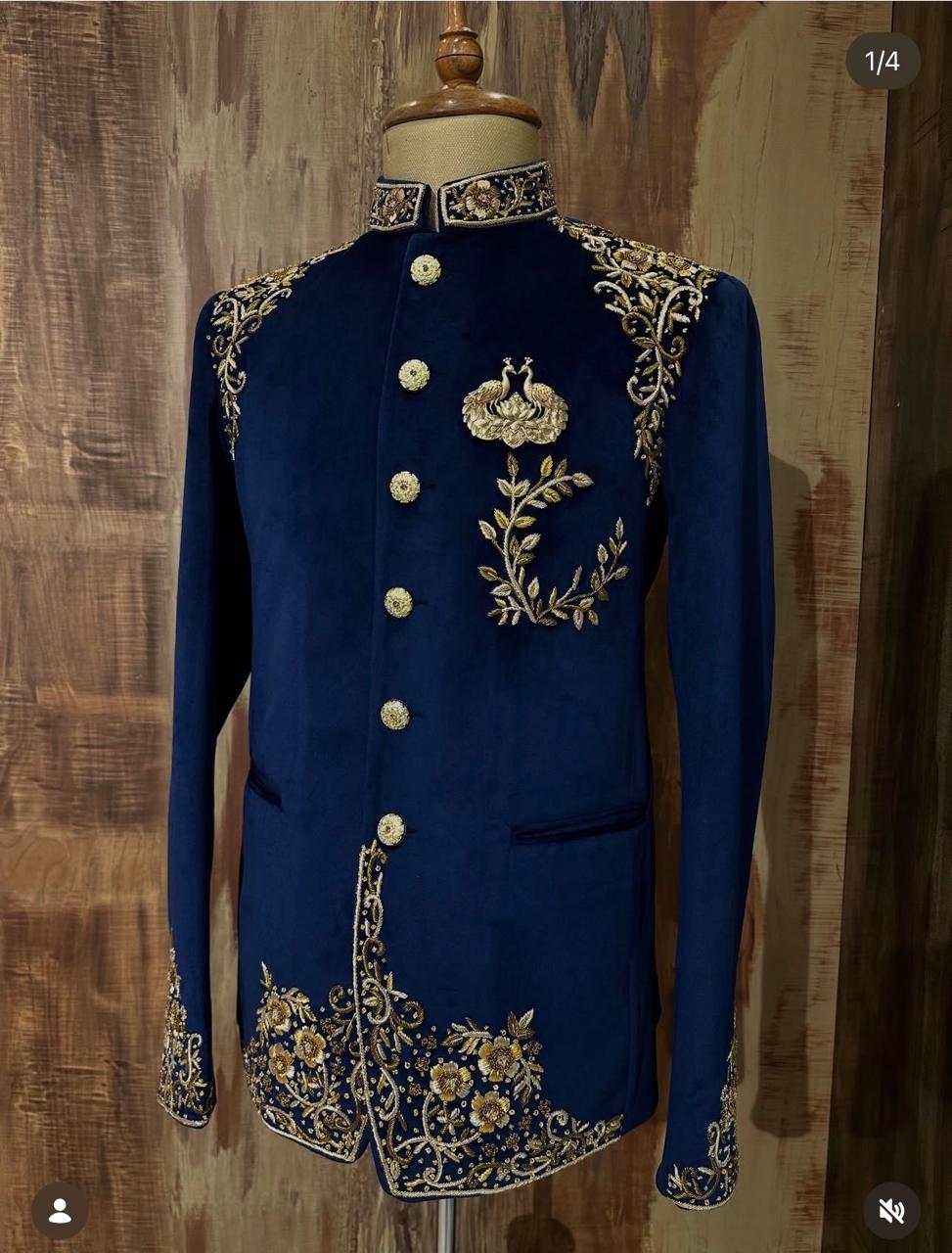 Regal Midnight Blue Velvet Bandhgala Sherwani with Intricate Gold Zari & Zardozi Embroidery