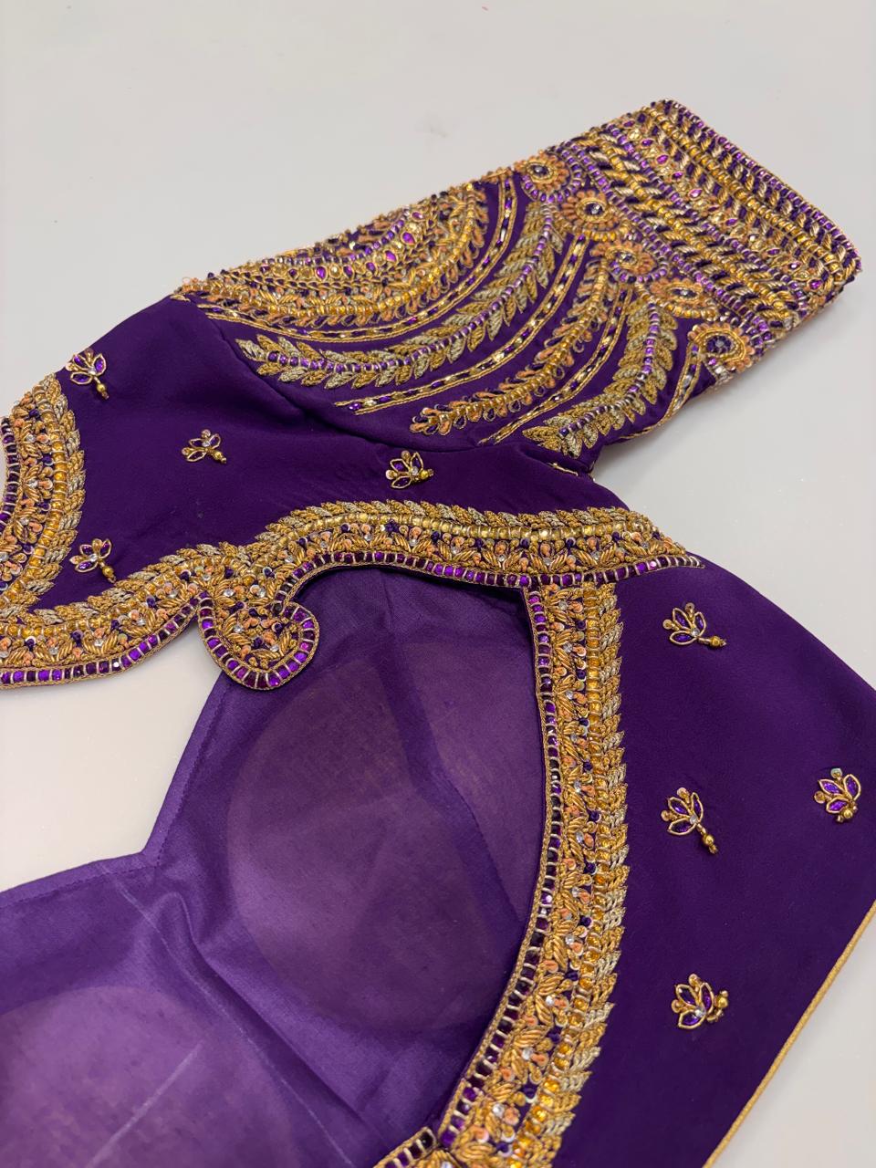 Regal Royal Purple Hand-Embroidered Designer Blouse with Heavy Gold Zari & Stone Detailing
