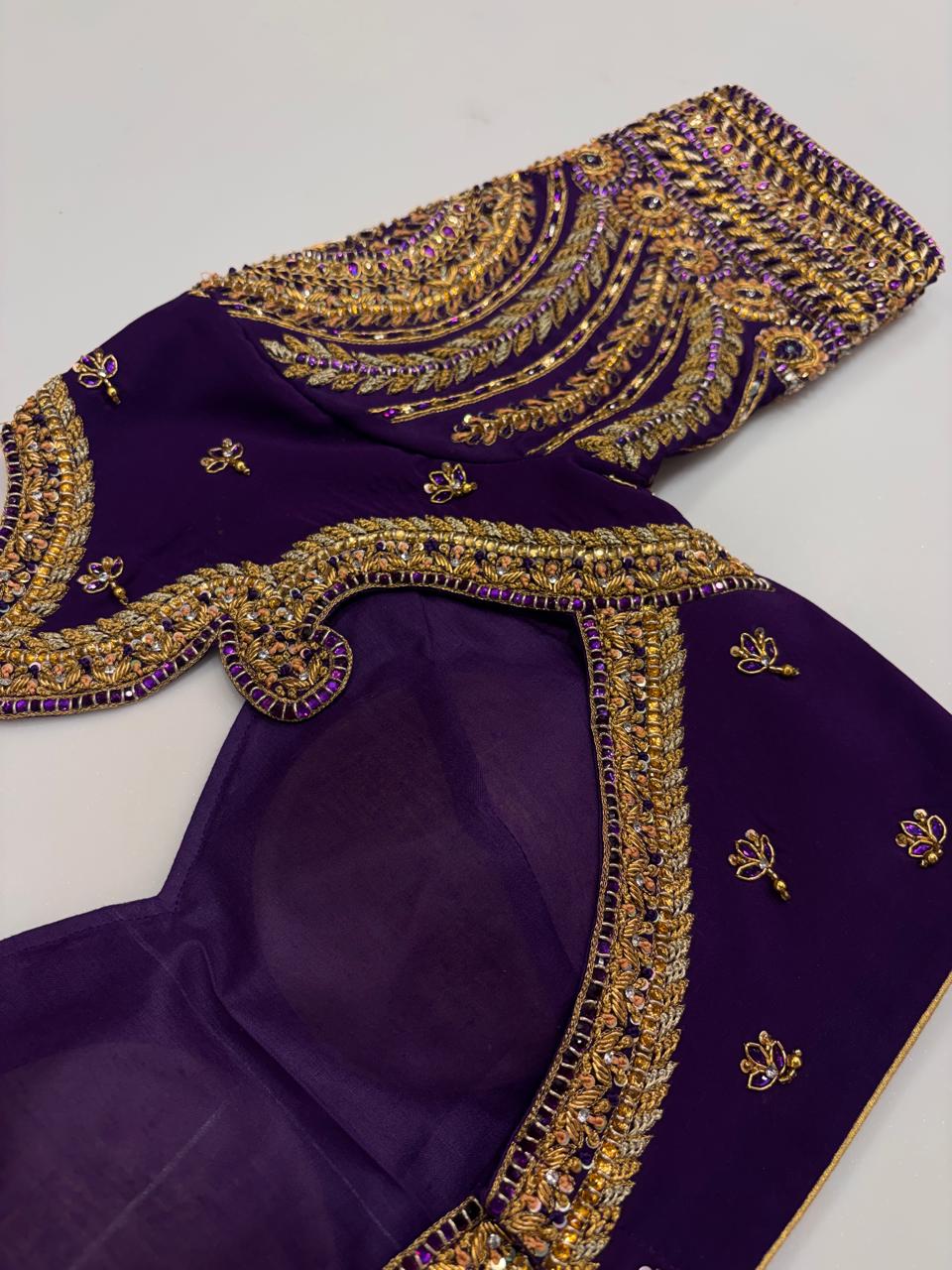 Regal Royal Purple Hand-Embroidered Designer Blouse with Heavy Gold Zari & Stone Detailing