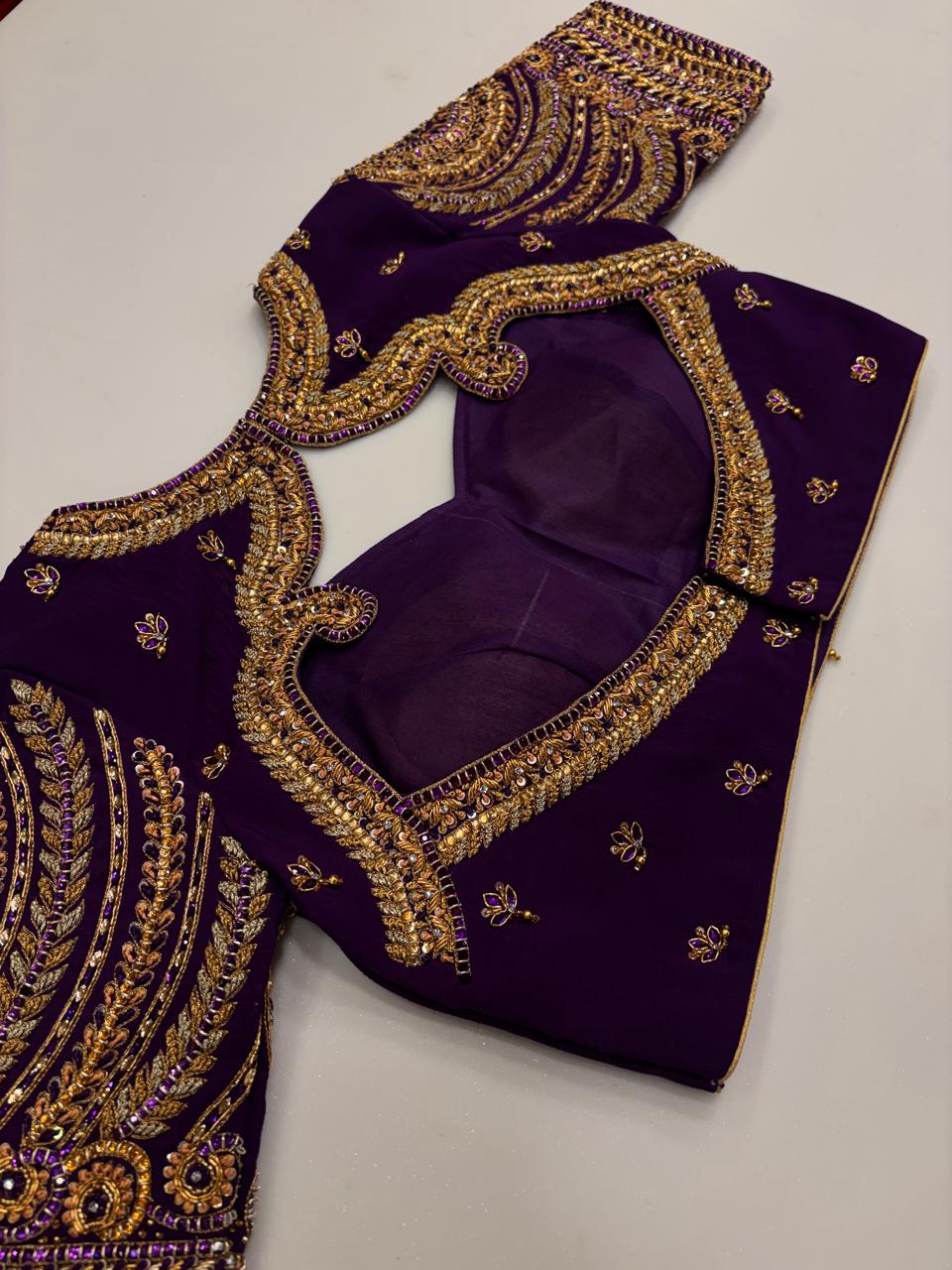 Regal Royal Purple Hand-Embroidered Designer Blouse with Heavy Gold Zari & Stone Detailing