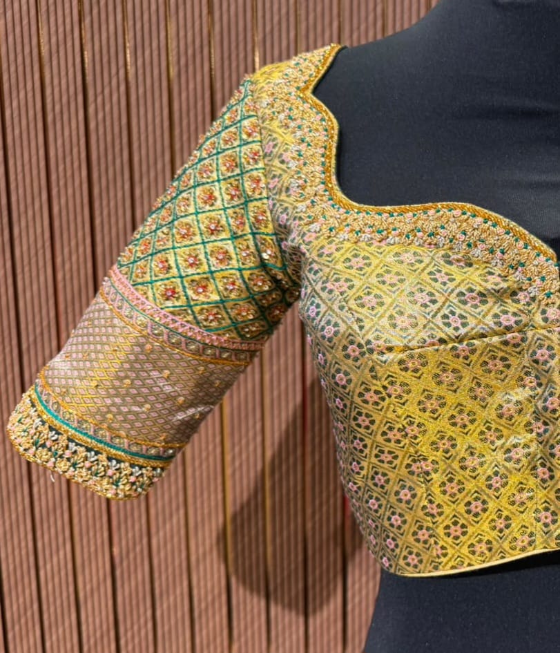 Golden Yellow and Green Brocade Designer Blouse with Checkered Zardozi Embroidery