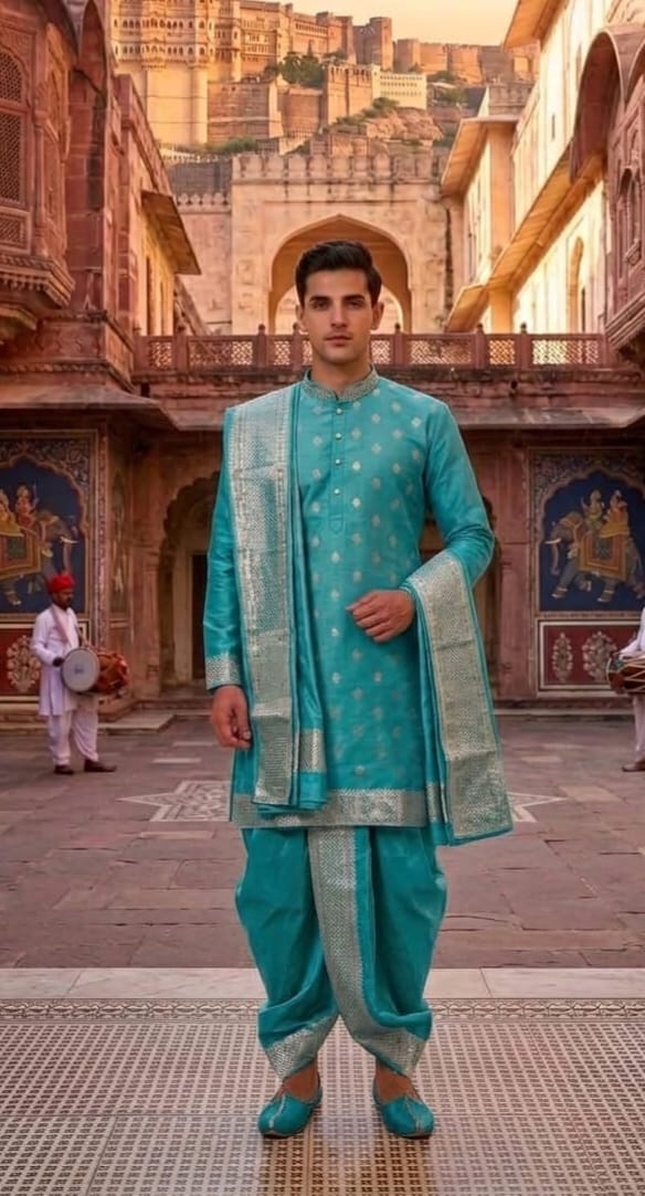 Vibrant Turquoise Silk Kurta-Dhoti Set with Matching Silver Zari Shawl