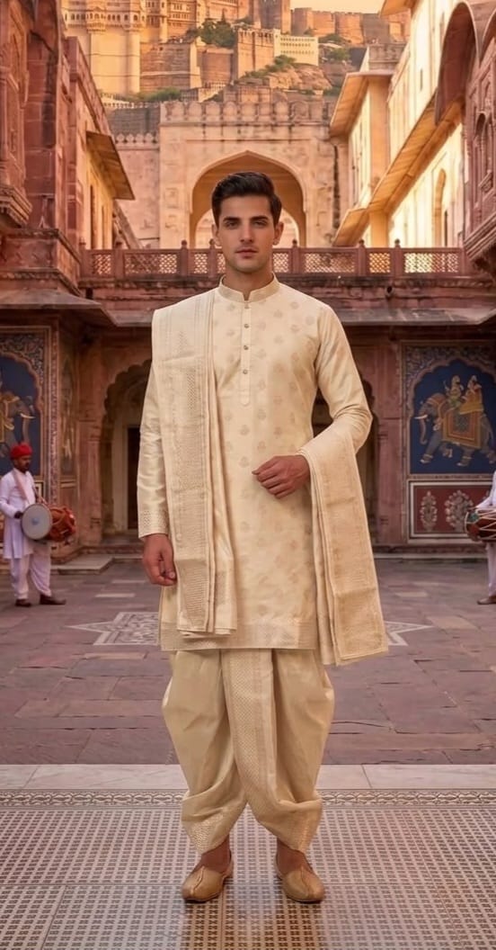 Regal Cream & Gold Brocade Silk Kurta-Dhoti Set with Matching Ornate Shawl