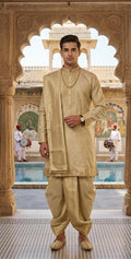 Regal Champagne Gold Silk Kurta-Dhoti Set with Matching Brocade Shawl