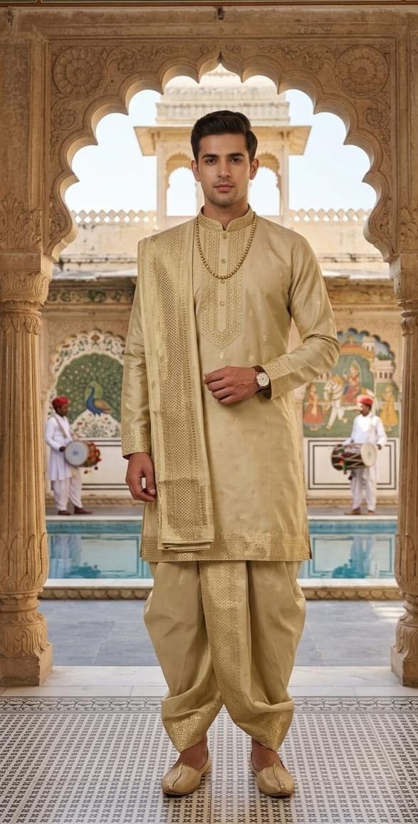 Regal Champagne Gold Silk Kurta-Dhoti Set with Matching Brocade Shawl