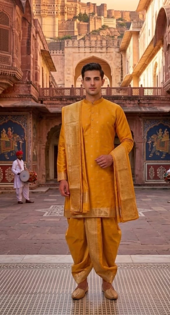 Radiant Mustard Yellow Silk Kurta-Dhoti Set with Matching Brocade Shawl
