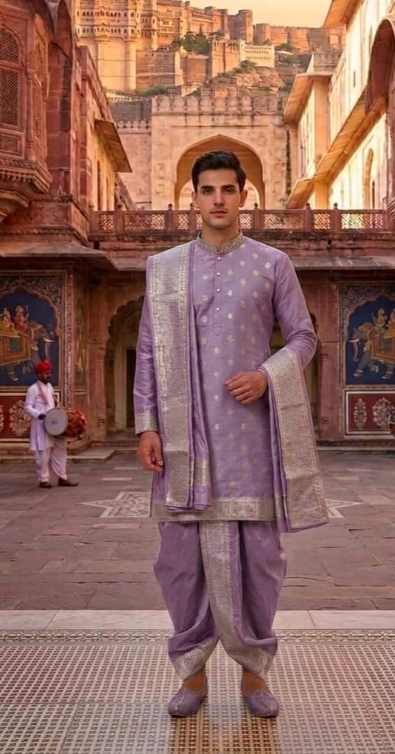 Regal Lavender Silk Kurta-Dhoti Set with Matching Brocade Shawl