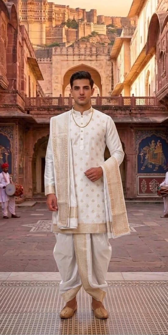Regal Ivory & Gold Brocade Silk Kurta-Dhoti Set with Matching Ornate Shawl
