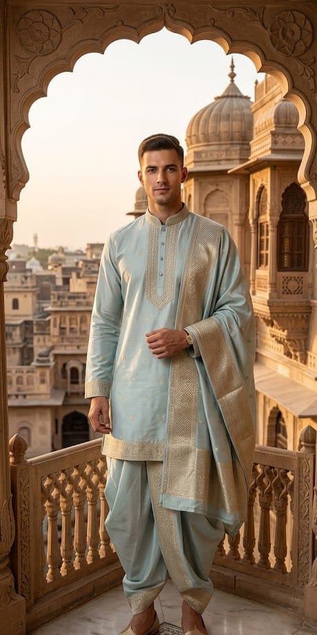 Elegant Pastel Ice-Blue Silk Kurta with Matching Dhoti and Grand Brocade Zari Shawl