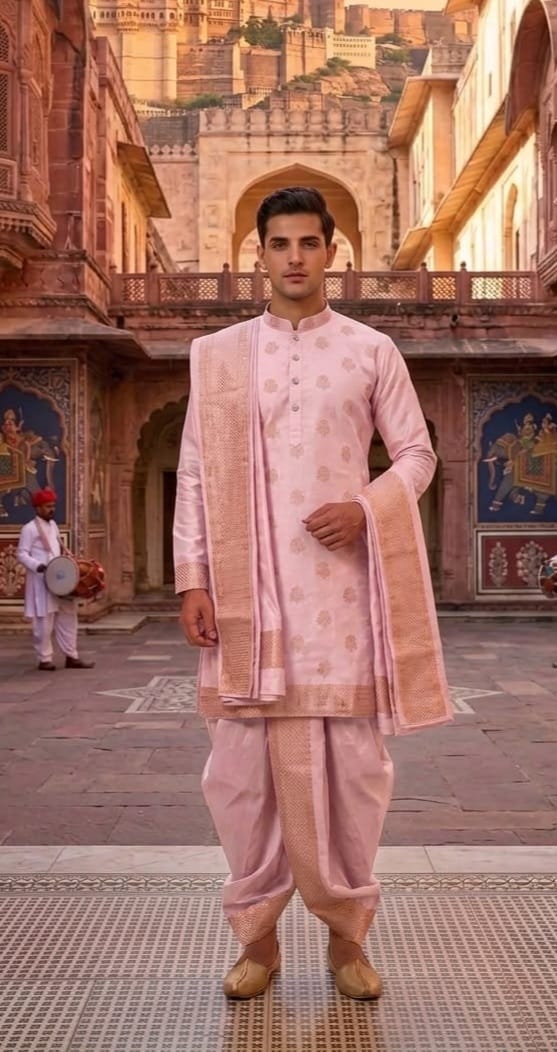 Elegant Pastel Pink Brocade Silk Kurta with Matching Dhoti and Ornate Gold Zari Shawl