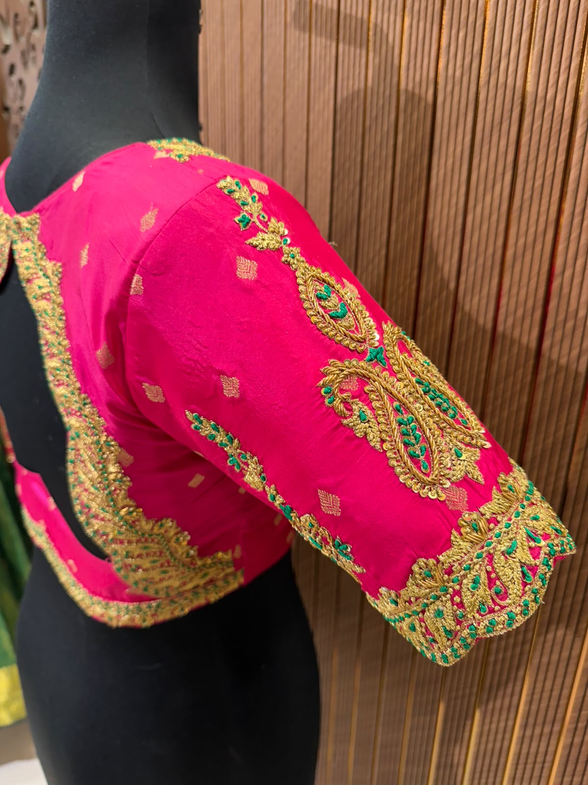 Vibrant Pink Raw Silk Designer Blouse with Zardozi Work and Scalloped Neckline