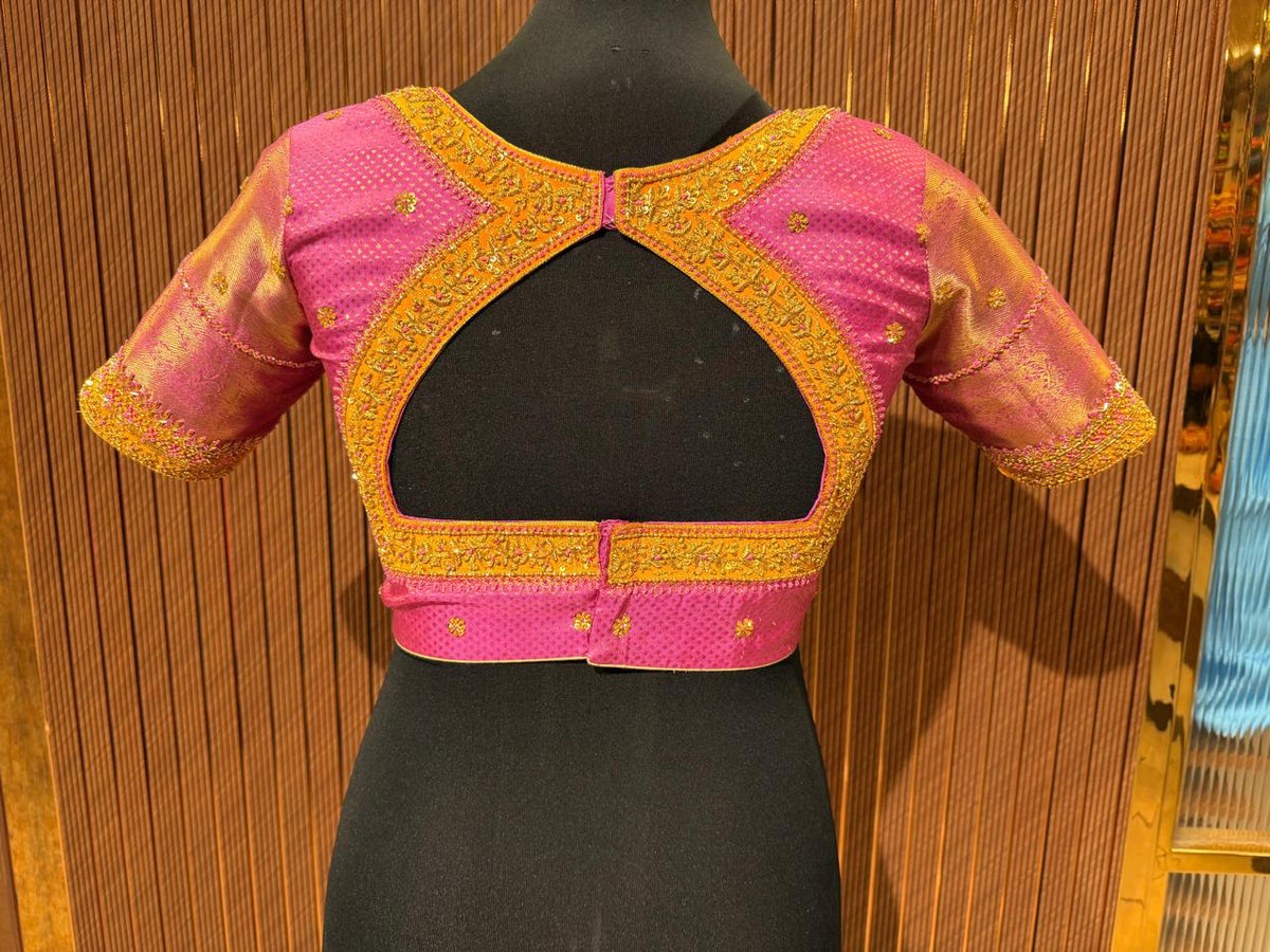 Vibrant Pink and Gold Brocade Designer Blouse with Zardozi Work and Cut-Out Back