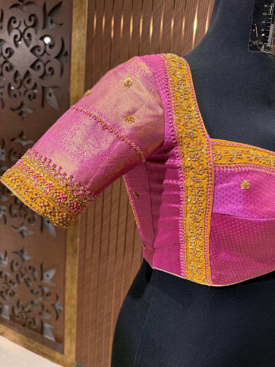 Vibrant Pink and Gold Brocade Designer Blouse with Zardozi Work and Cut-Out Back