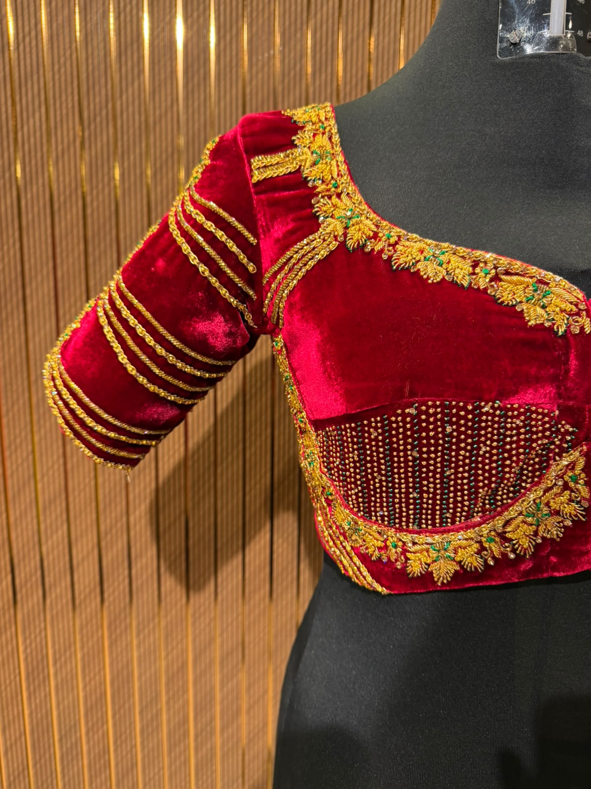 Deep Maroon Velvet Designer Blouse with Golden Zari Piping and Zardozi Work