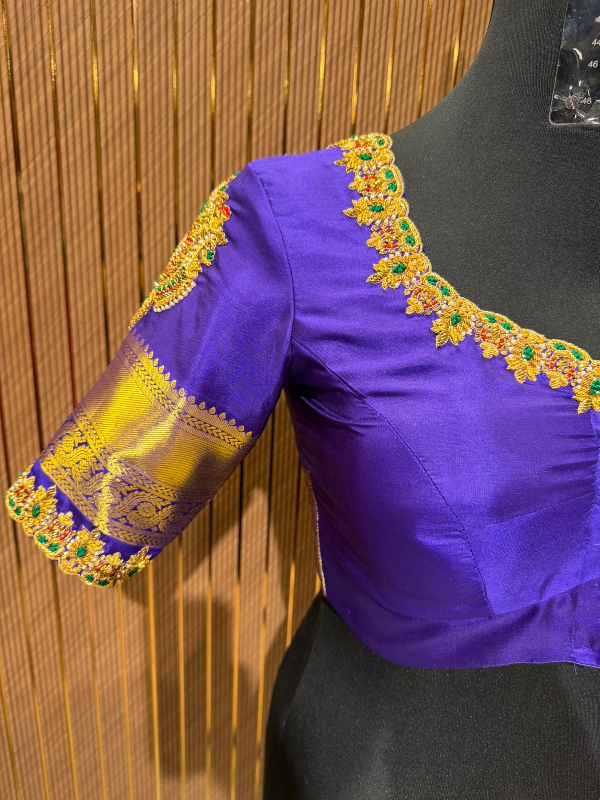 Regal Royal Purple Silk Blouse with Heavy Gold Zari Brocade and Multi-Color Stone Hand-Embroidery