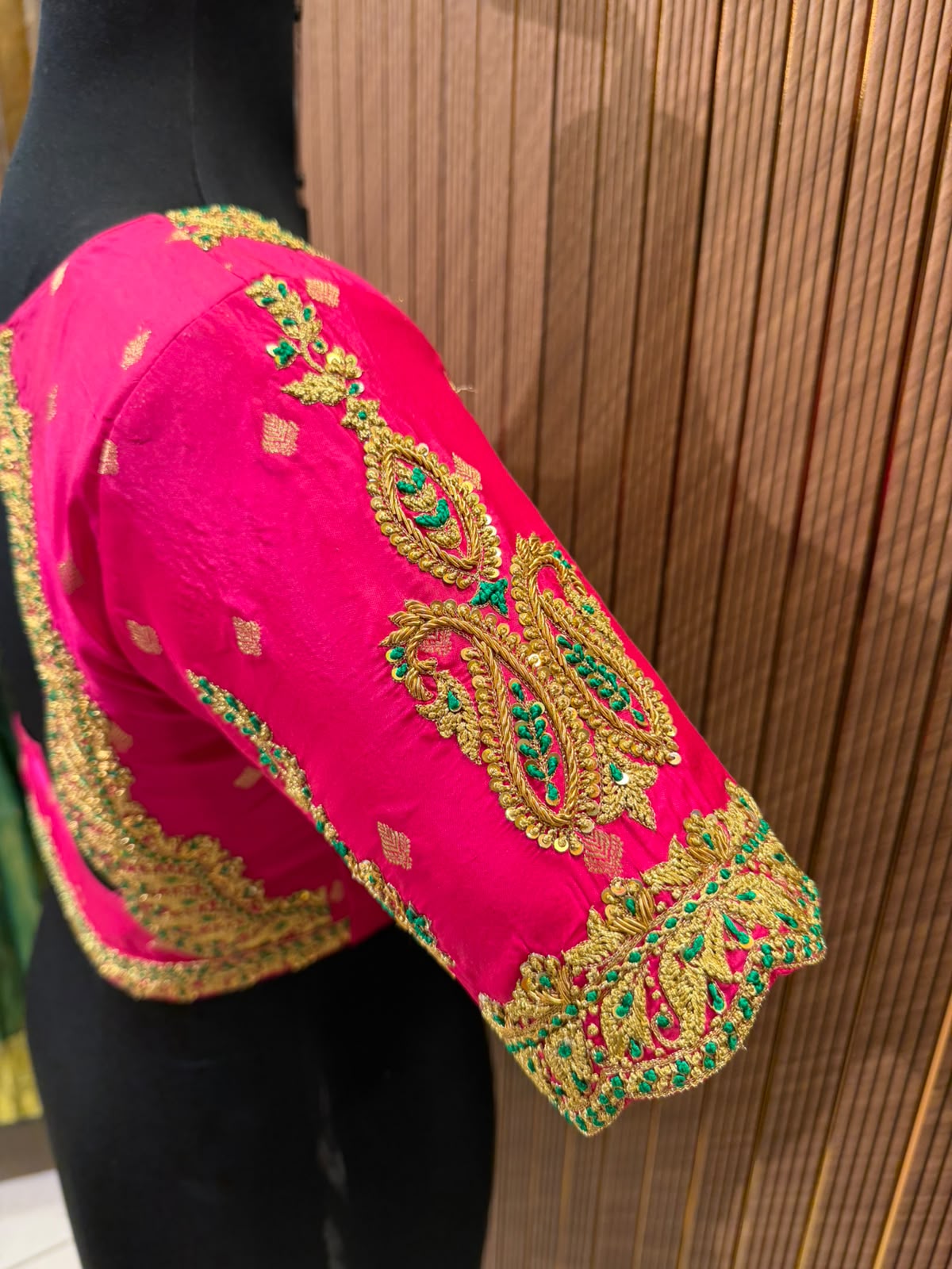 Vibrant Pink Raw Silk Designer Blouse with Zardozi Work and Scalloped Neckline