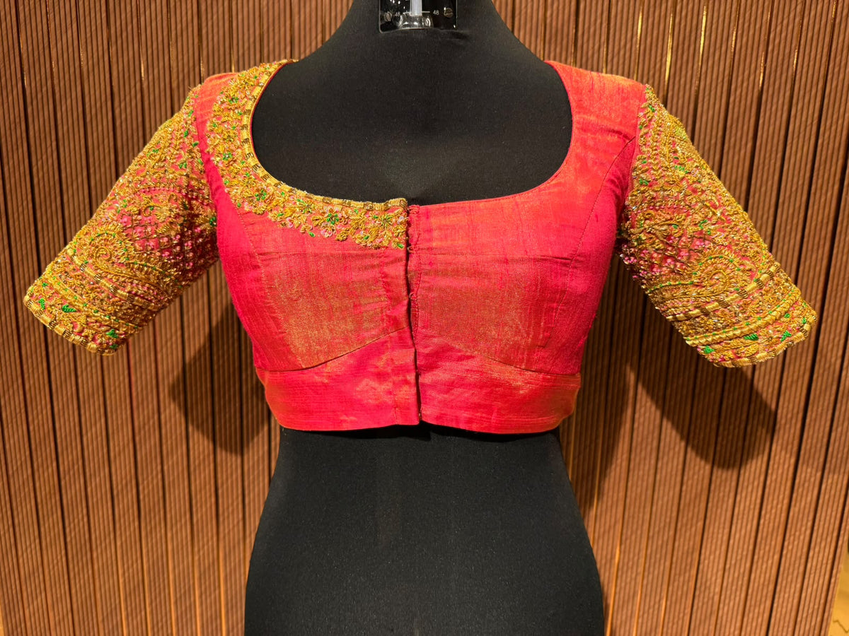 Exquisite Hand-Embroidered Designer Silk Blouse in Vibrant Pink with Zardozi and Stone Work