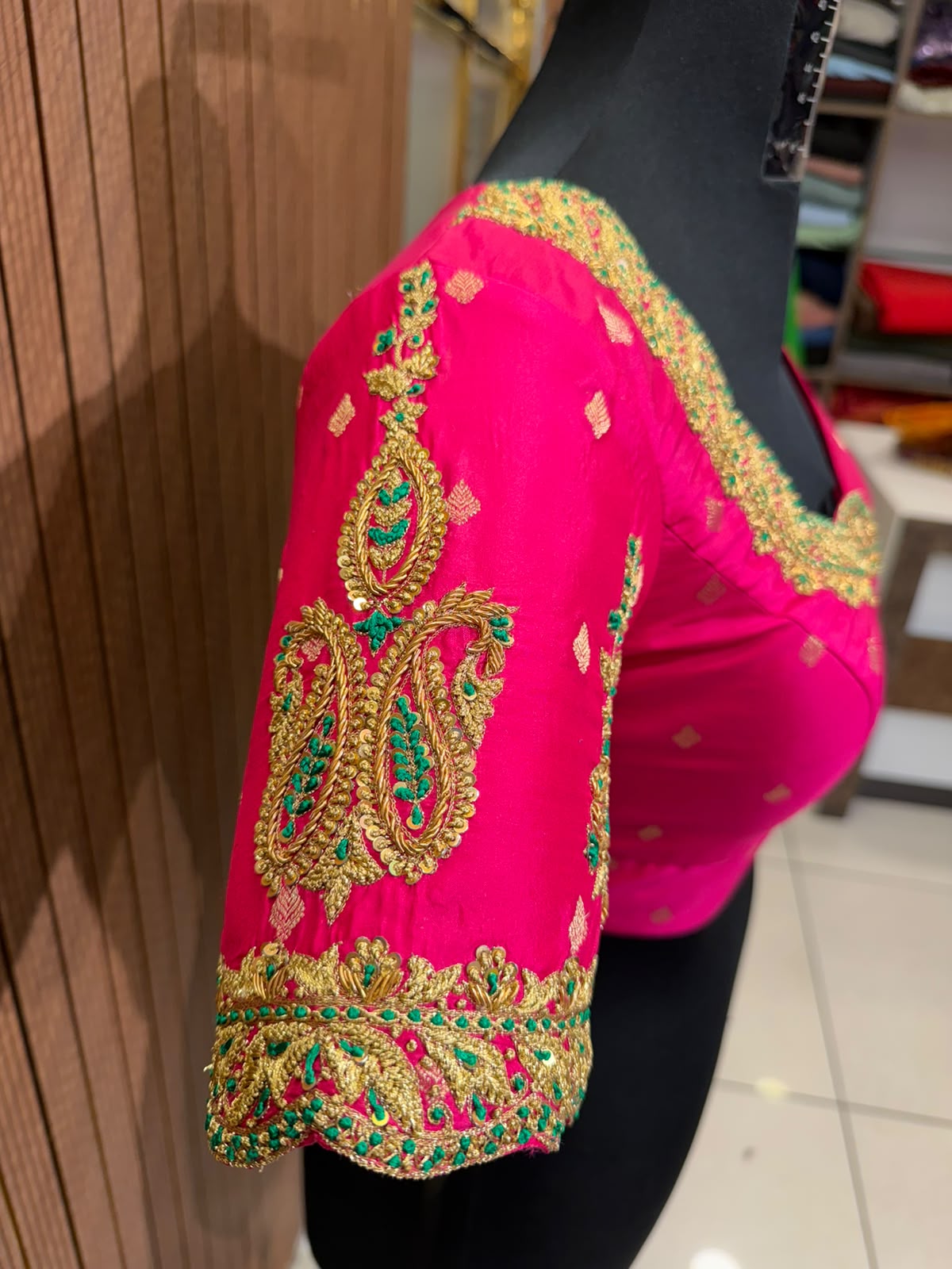 Vibrant Pink Raw Silk Designer Blouse with Zardozi Work and Scalloped Neckline