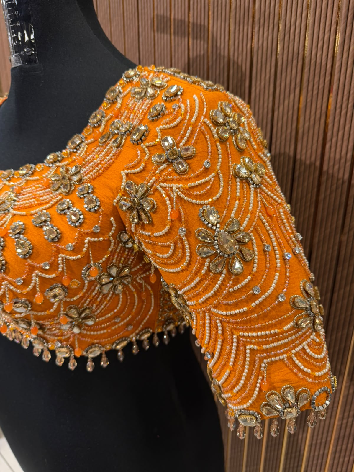 Vibrant Tangerine Orange Hand-Embroidered Designer Blouse with Zardozi and Pearl Work