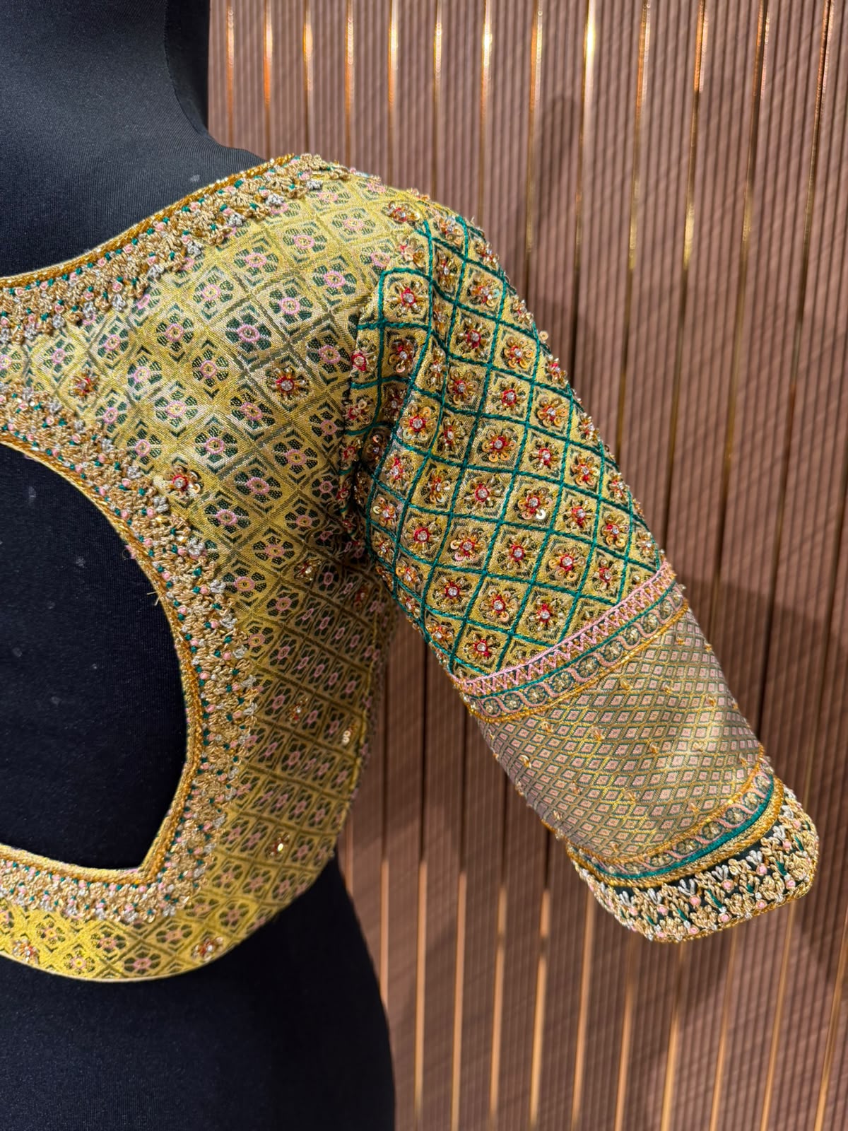Golden Yellow and Green Brocade Designer Blouse with Checkered Zardozi Embroidery